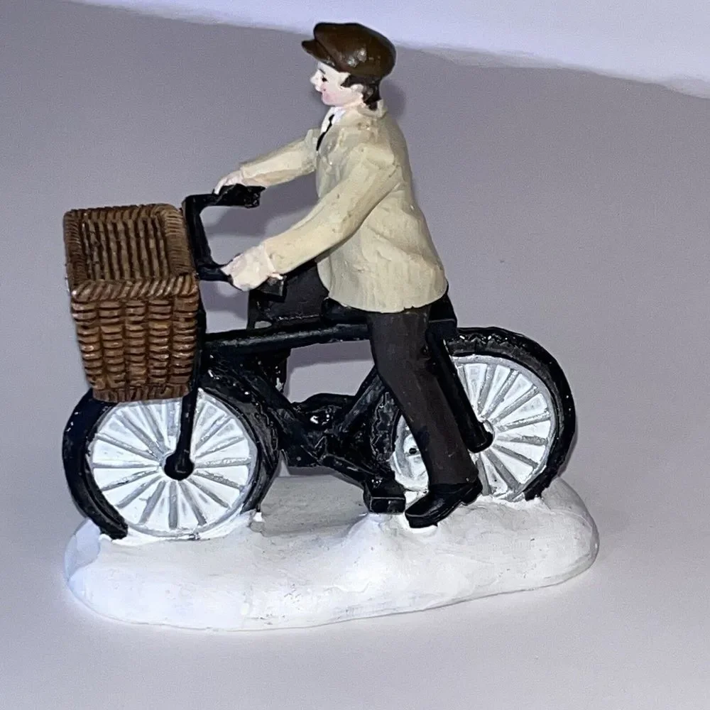2 Christmas‎ Village Ceramic Figurines Man On Bicycle & Christmas In City Sign